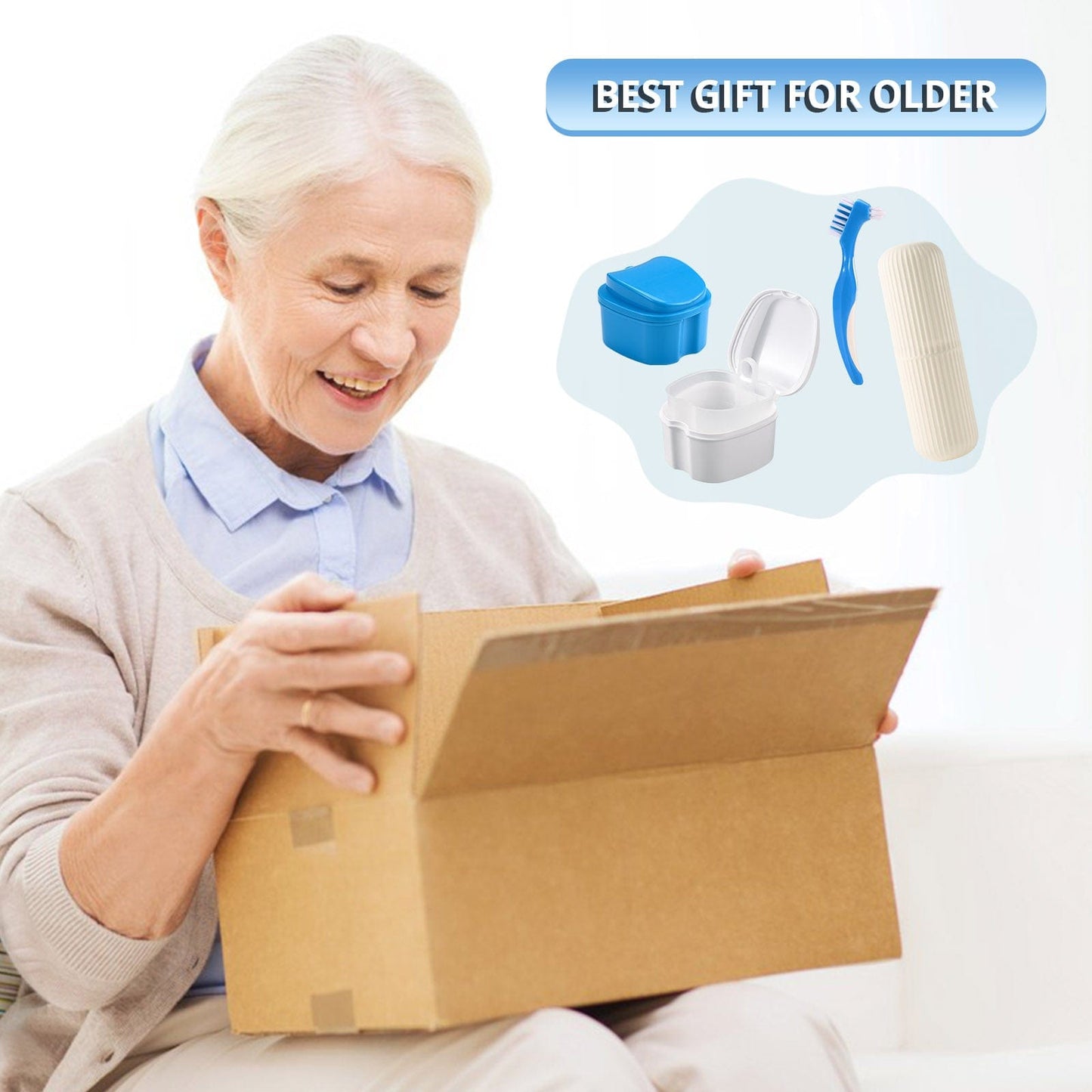 Denture Case Kit, 2 Denture Bath Cups with 2 Denture Brush & 2 Portable Toothbrush Box,