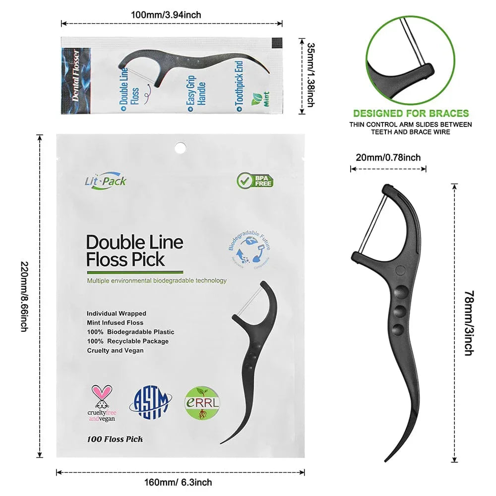Double line dental floss pick for braces, black, BPA-free, with ergonomic handle and measurements