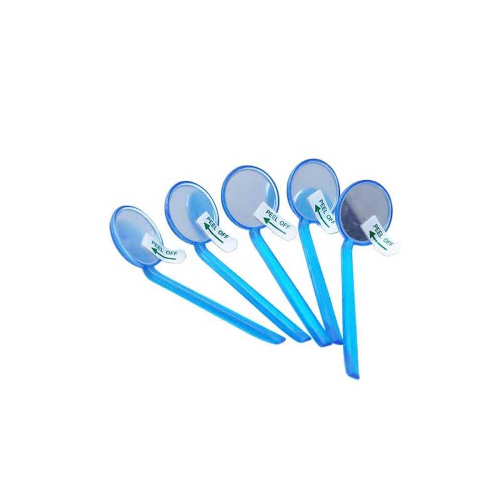 Set of five blue dental mouth mirrors with protective peel-off film, Lit Pack oral care tool