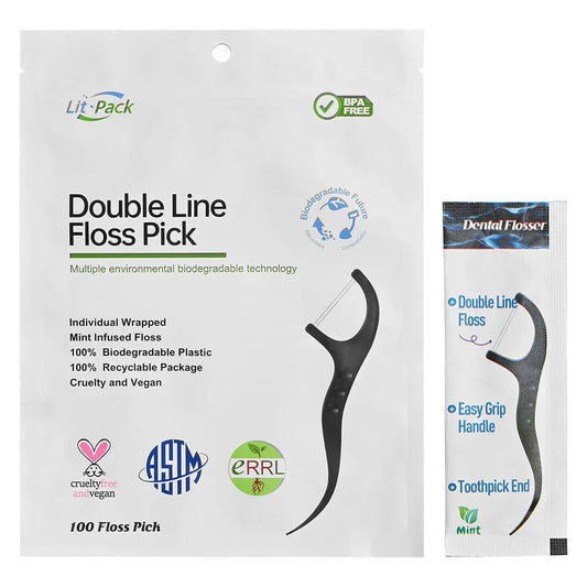 Double line dental floss pick in eco-friendly packaging with mint flavor, individual wrap