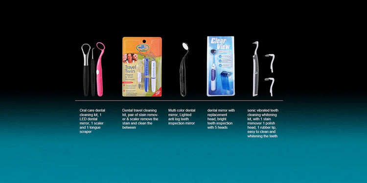 Lit Pack dental cleaning kits and tools, including LED dental mirrors, floss picks, stain removers, and travel sets, displayed on a black background.