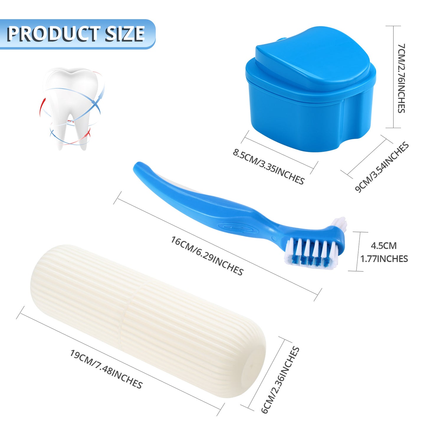 Denture Case Kit, 2 Denture Bath Cups with 2 Denture Brush & 2 Portable Toothbrush Box,