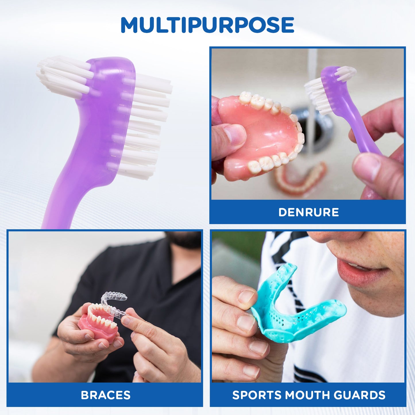 2 Pack Denture Clean Toothbrush  w/Multi Layered  Bristles Dual Bristle