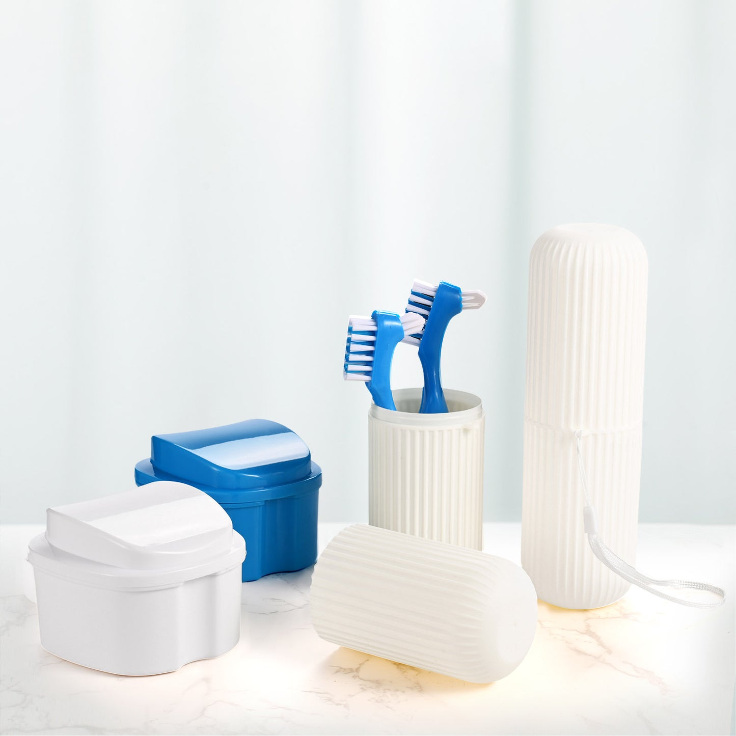 Denture Case Kit, 2 Denture Bath Cups with 2 Denture Brush & 2 Portable Toothbrush Box,
