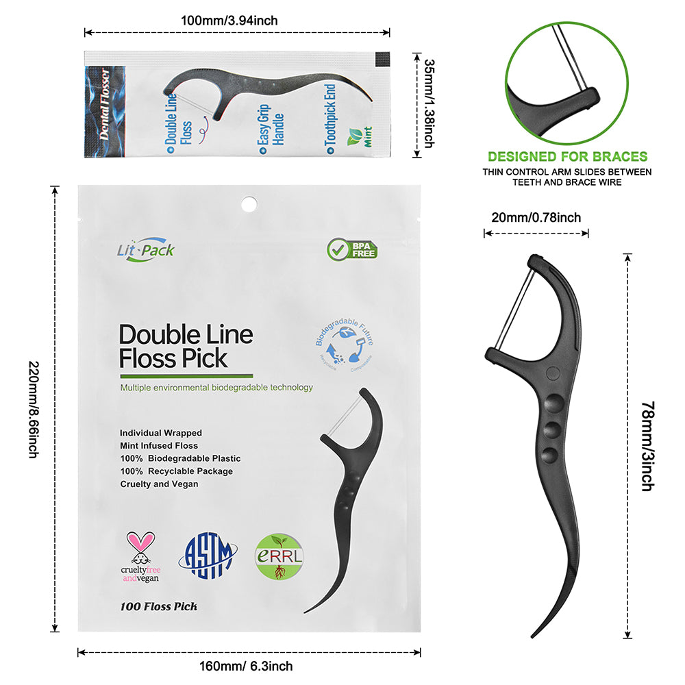 Individually Wrapped Dental Floss Picks Biodegradable Double Line Mint Flosser